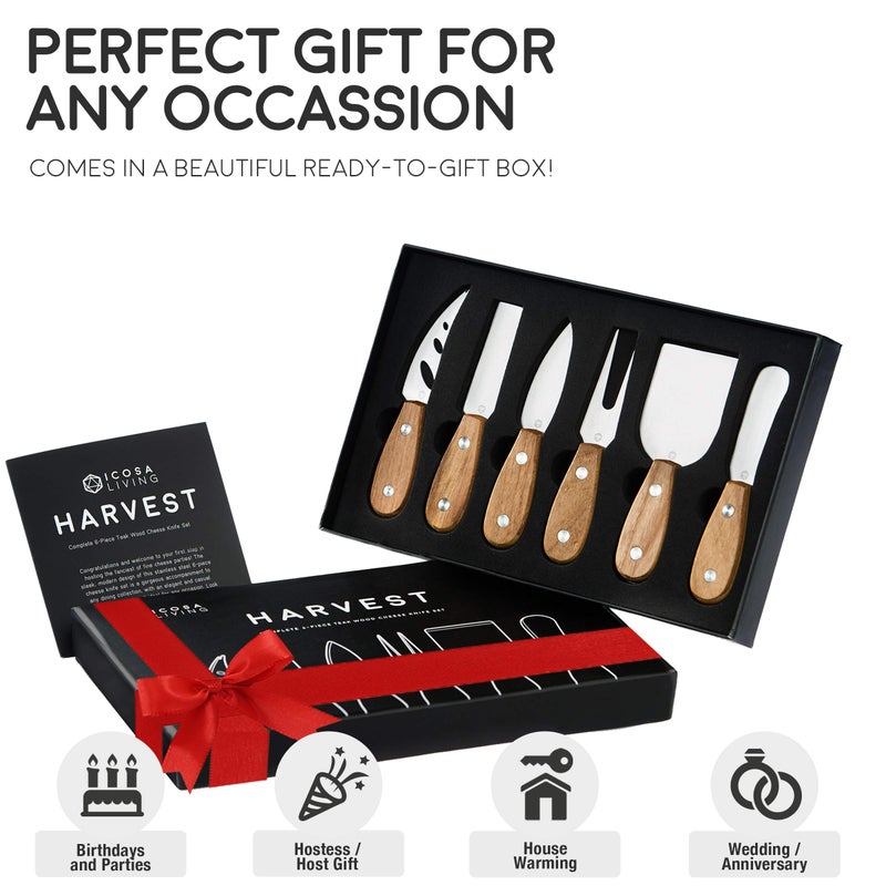 ICOSA Living Harvest 6-Piece Cheese Knife Set (Gift-Ready) - Premium Stainless Steel Cheese Knives with Rivets, Full Tang Blades and Teak Wood Handle Charcuterie Board Accessories w/ 15 Festive Recipes - Image 3